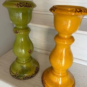 Ceramic Candle Holders 12" tall One gold one lime green Selling as Set